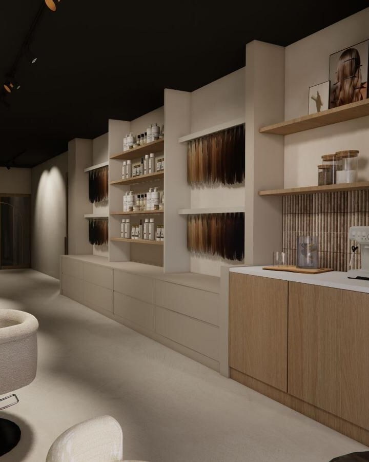 Impressie van de kleur- en haarstalenwand in de nieuwe MODI salon, met verzorgingsproducten