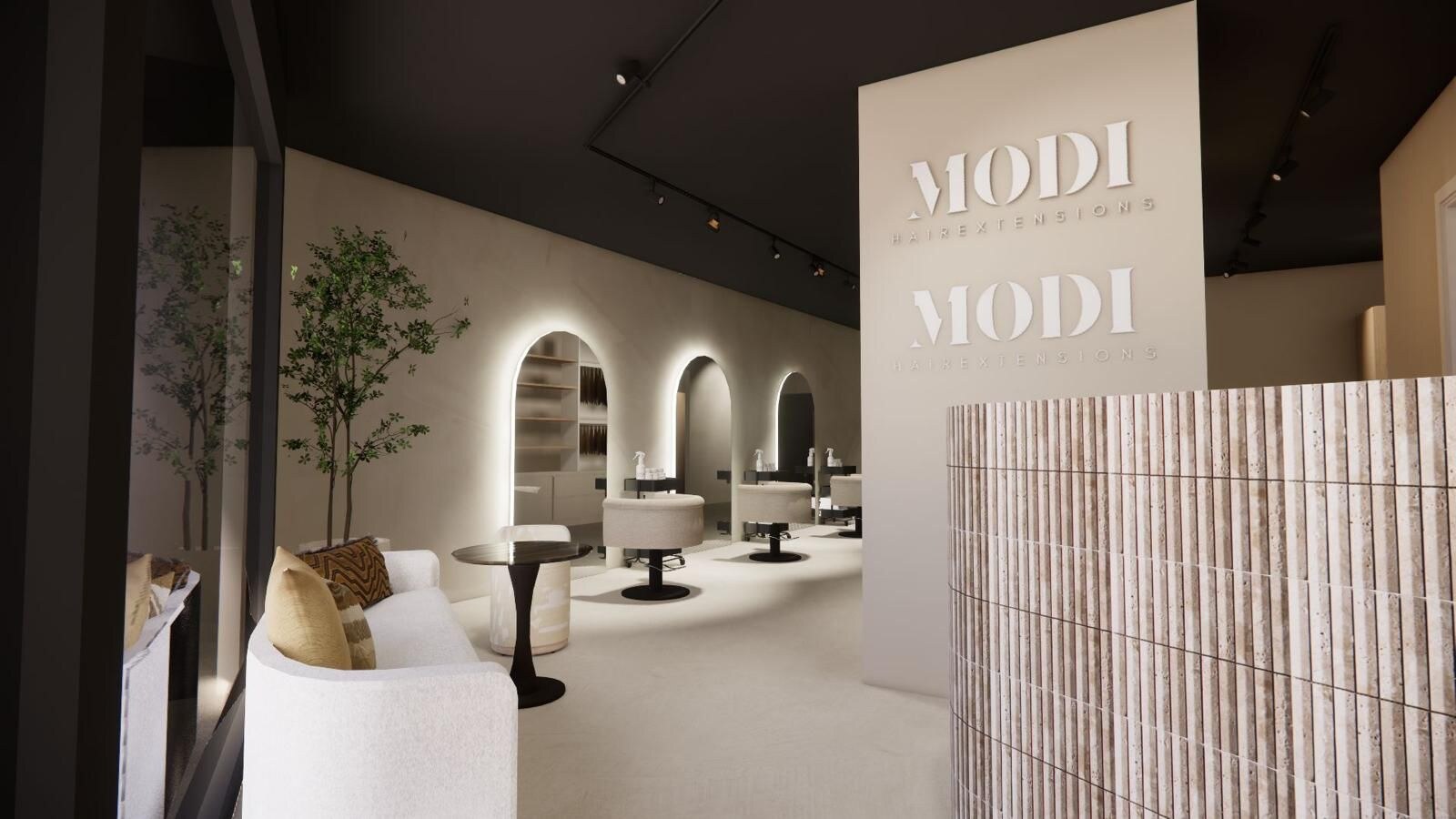 Impressie van de nieuwe MODI salon in Maassluis: de MODI wandsignage, de travertijnen balie en de verlichte werkplekken